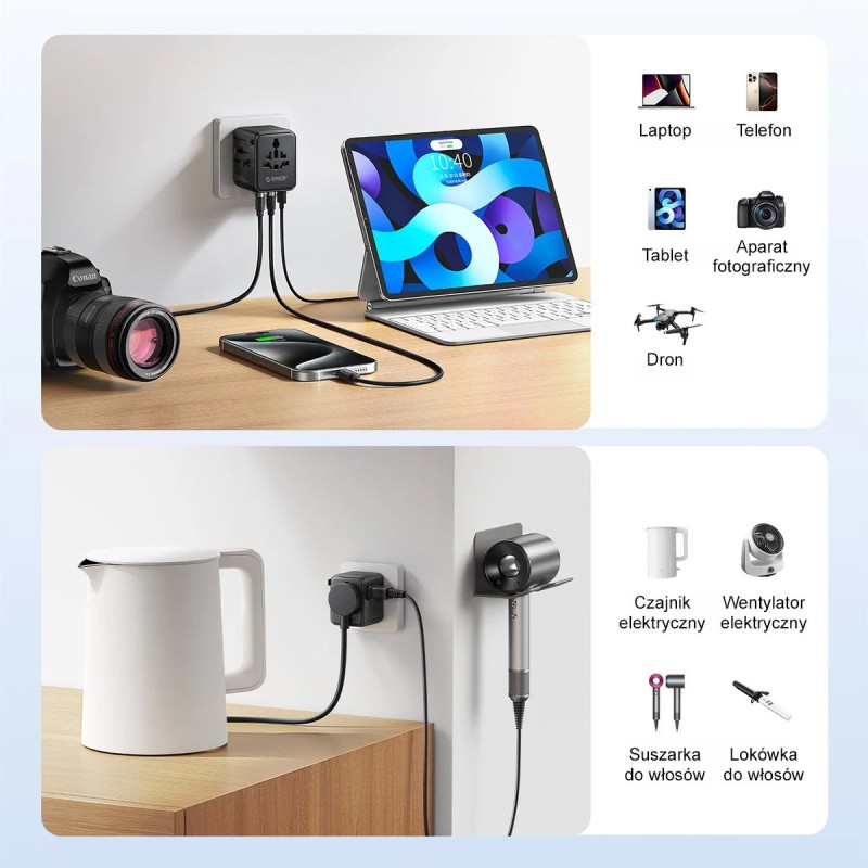 Orico Ładowarka podróżna, adapter sieciowy UK/EU/US/AU, 2x U… | PartsPC.pl