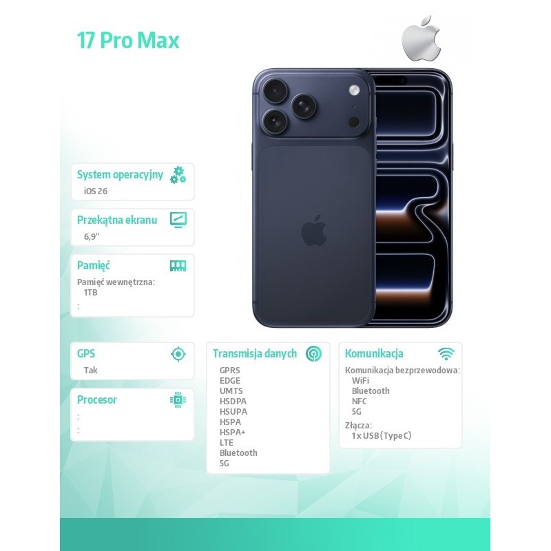 iPhone 17 PRO MAX Głębinowy błękit 1TB | PartsPC.pl