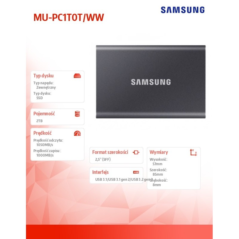 Dysk SSD zewnętrzny Samsung T7 Portable 2TB (1050/1000 MB/s)… | PartsPC.pl