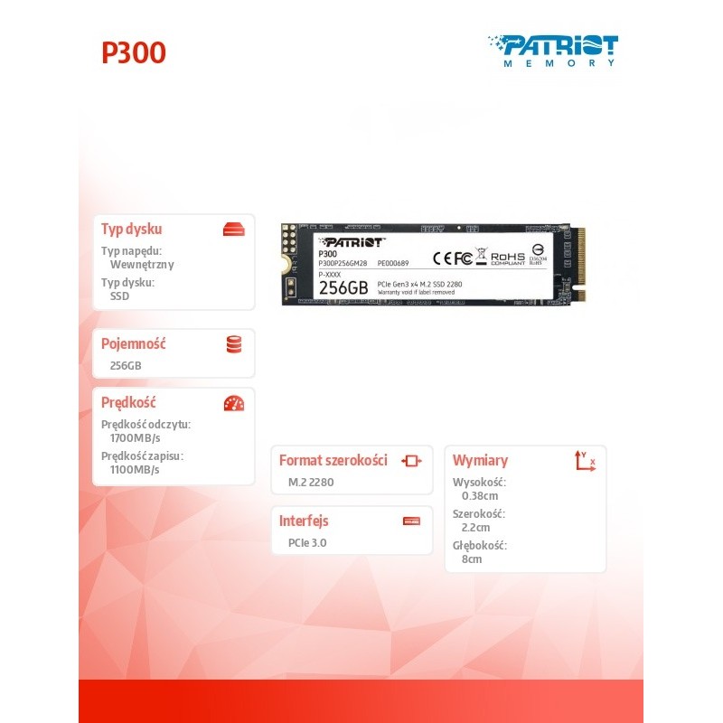 Patriot Dysk SSD P300 256GB M.2 PCIe Gen 3 x4 1700/1100 | PartsPC.pl