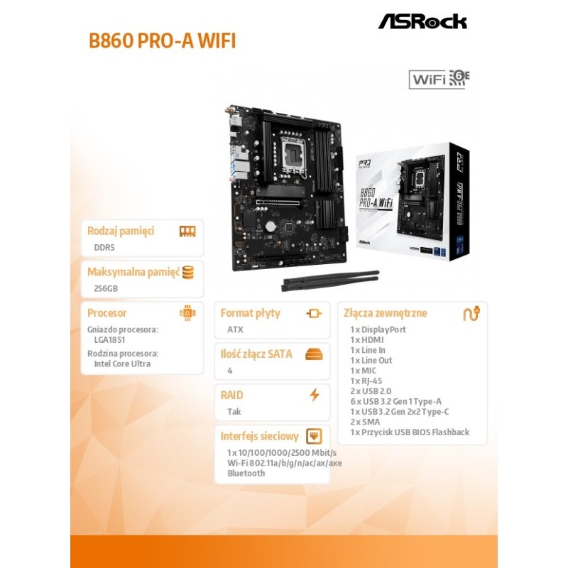 ASRock Płyta główna B860 PRO-A WIFI s1851 4DDR5 ATX | PartsPC.pl