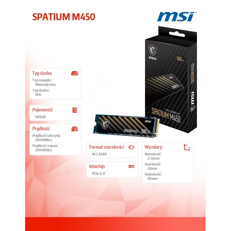 Dysk SSD MSI SPATIUM M450 V1 500GB PCIe 4.0 NVMe 1.4 M.2 228… | PartsPC.pl
