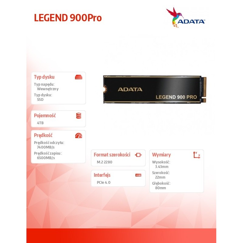 Adata Dysk SSD LEGEND 900Pro 4TB PCIe 4x4 7.4/6.5 GB/s M2 | PartsPC.pl