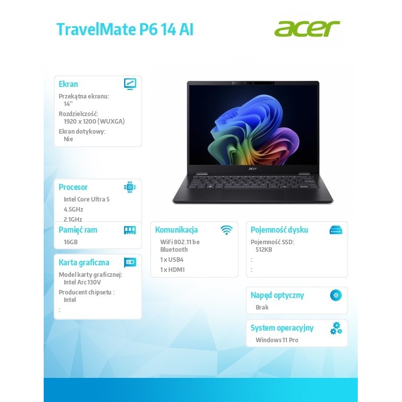 Notebook Acer TravelMate P6 14 AI TMP614-54T-TCO 14"WUXGA/Ul… | PartsPC.pl