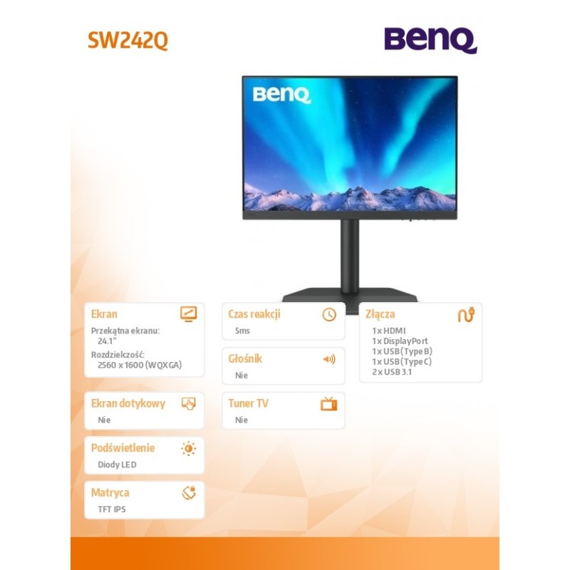 Benq Monitor 23.8 cala SW242Q 2K RGB 5ms/400:1/FOTO/HDMI | PartsPC.pl