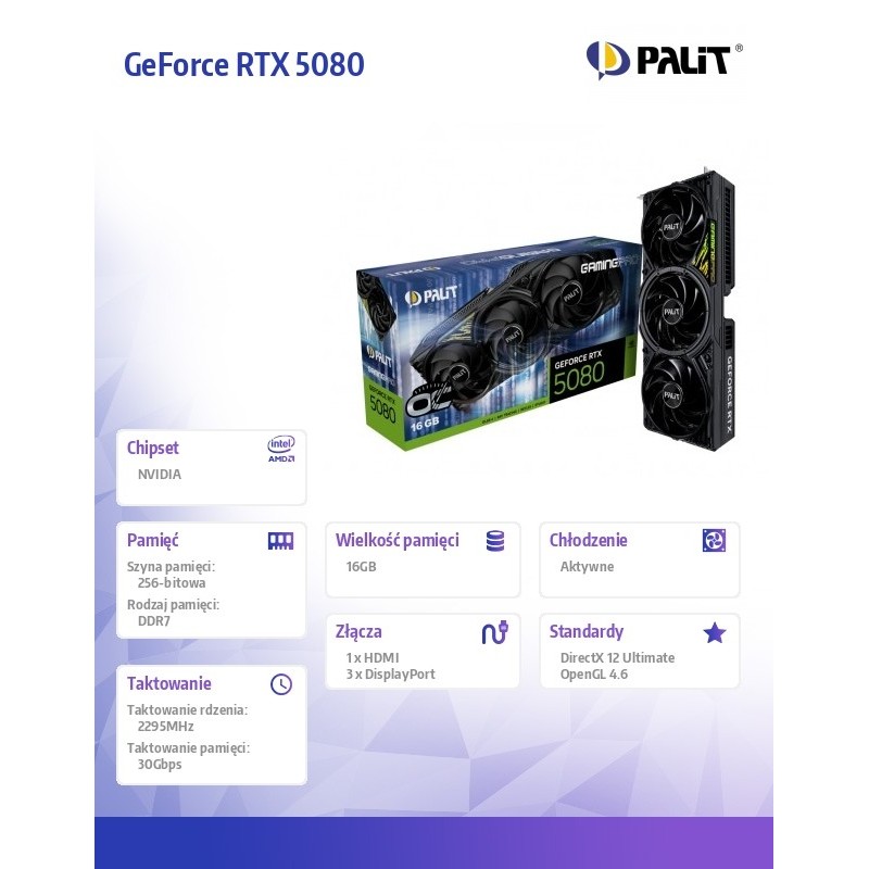 Karta VGA Palit GeForce RTX 5080 GamingPro OC 16GB GDDR7 256… | PartsPC.pl