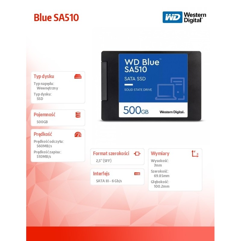 Dysk SSD WD Blue 500GB SA510 2,5 cala WDS500G3B0A | PartsPC.pl