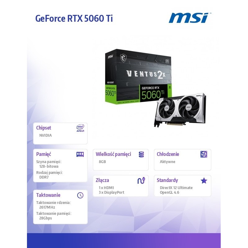 MSI Karta graficzna GeForce RTX 5060 Ti 8G VENTUS 2X OC PLUS… | PartsPC.pl
