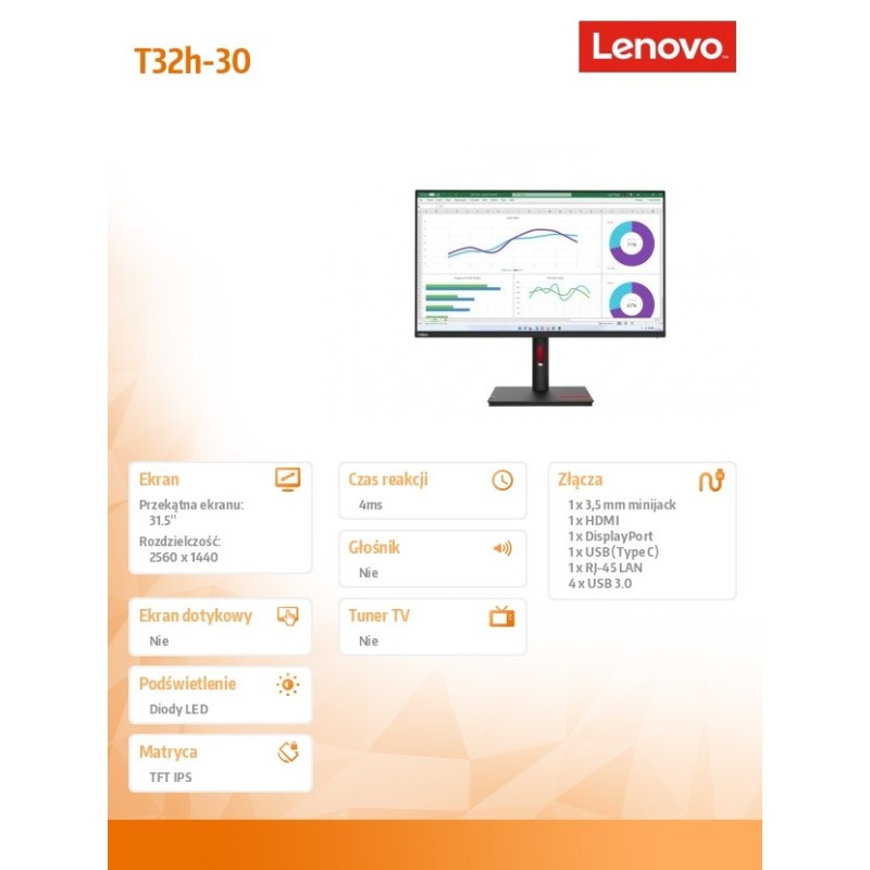 Lenovo Monitor 31,5 cali ThinkVision T32h-30 63D3GAT1EU | PartsPC.pl
