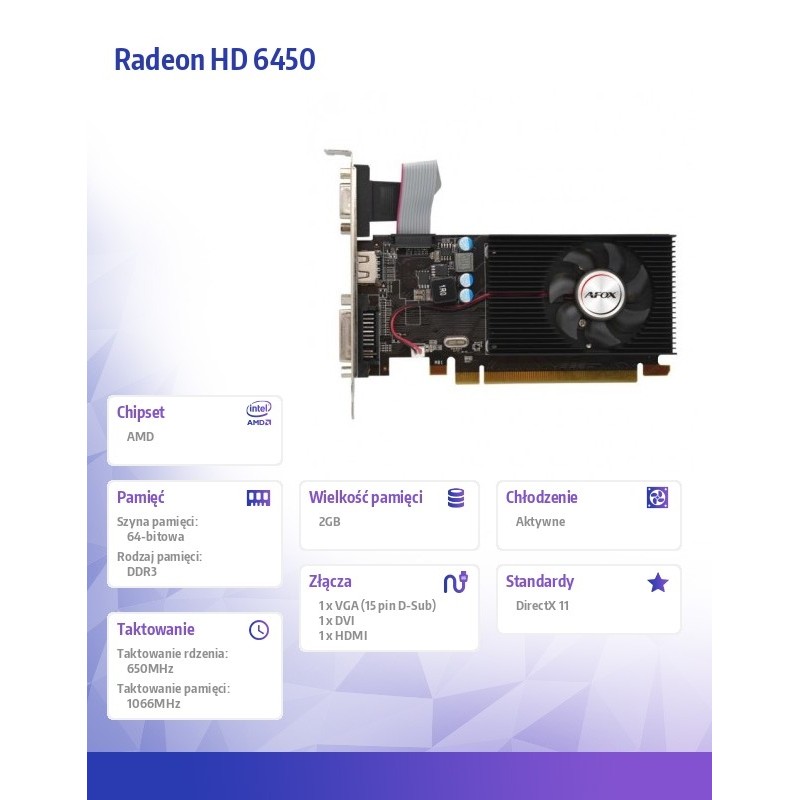 Karta graficzna Radeon HD 6450 2GB DDR3 64Bit DVI HDMI VGA L… | PartsPC.pl