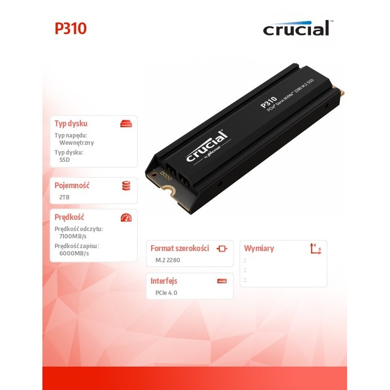 Crucial Dysk SSD P310 2TB M.2 NVMe PCIe 4.0 2280 radiator | PartsPC.pl