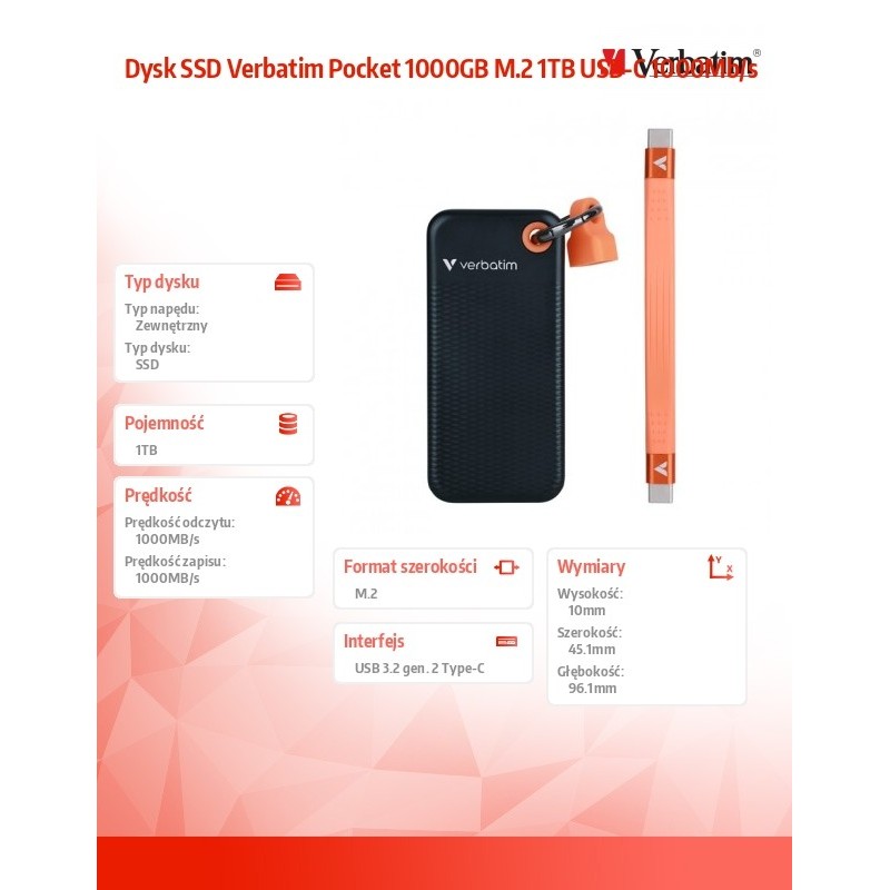 Verbatim Dysk SSD Verbatim Pocket 1000GB M.2 1TB USB-C 1000M… | PartsPC.pl