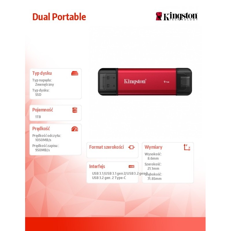 Kingston Dysk zewnętrzny SSD 1TB DualPortable USB-A/C 3.2 Ge… | PartsPC.pl