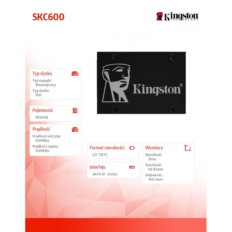 Dysk SSD Kingston KC600 2TB SATA3 2,5" (550/520 MB/s) NAND 3… | PartsPC.pl