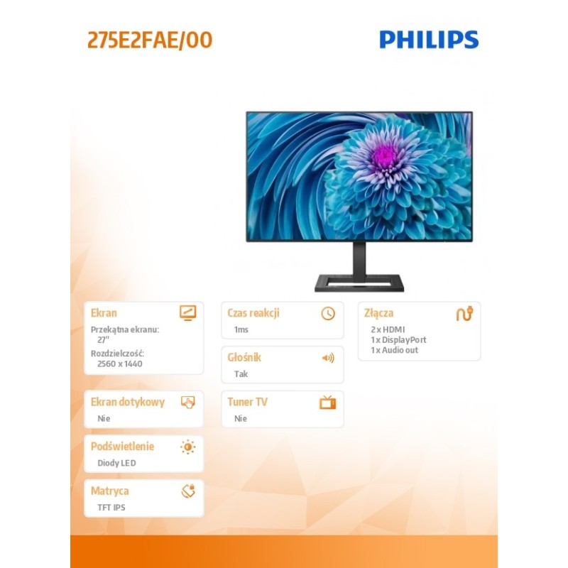 Monitor Philips 27" 275E2FAE/00 2xHDMI DP głośniki | PartsPC.pl