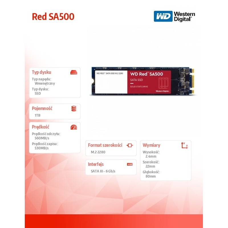 WD Red™ SA500 SATA SSD M.2 2280 POWERED BY SANDISK 1 TB | PartsPC.pl