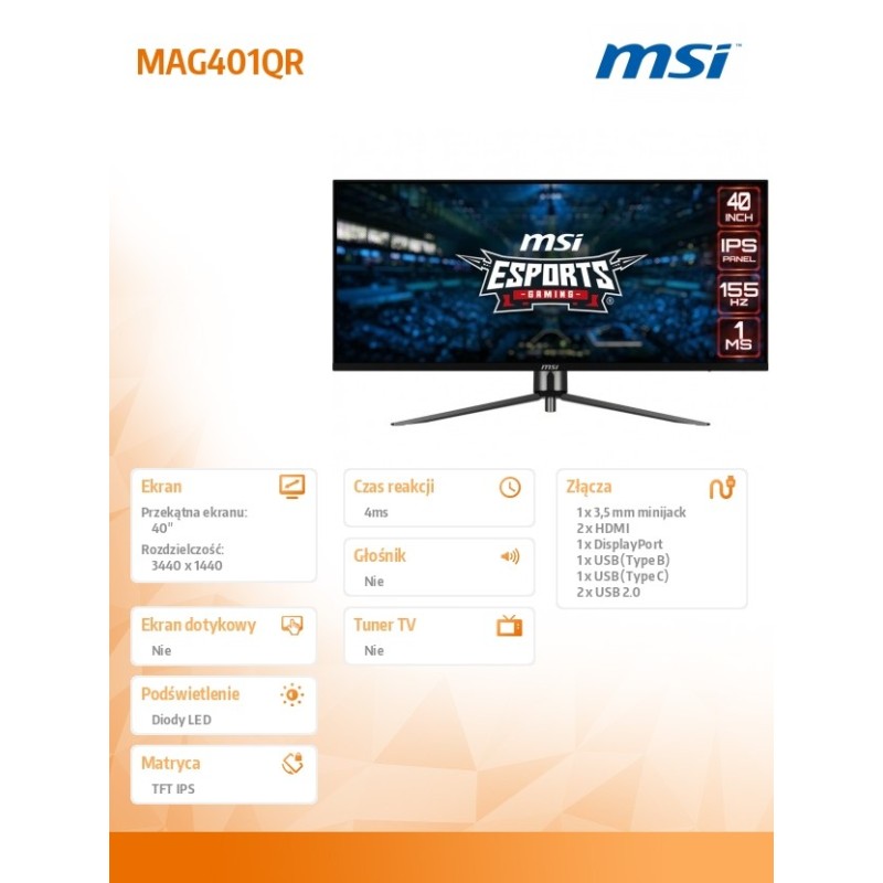 MSI Monitor MAG401QR 40 cali /1ms/ IPS/UWQHD/155Hz/21:9 | PartsPC.pl