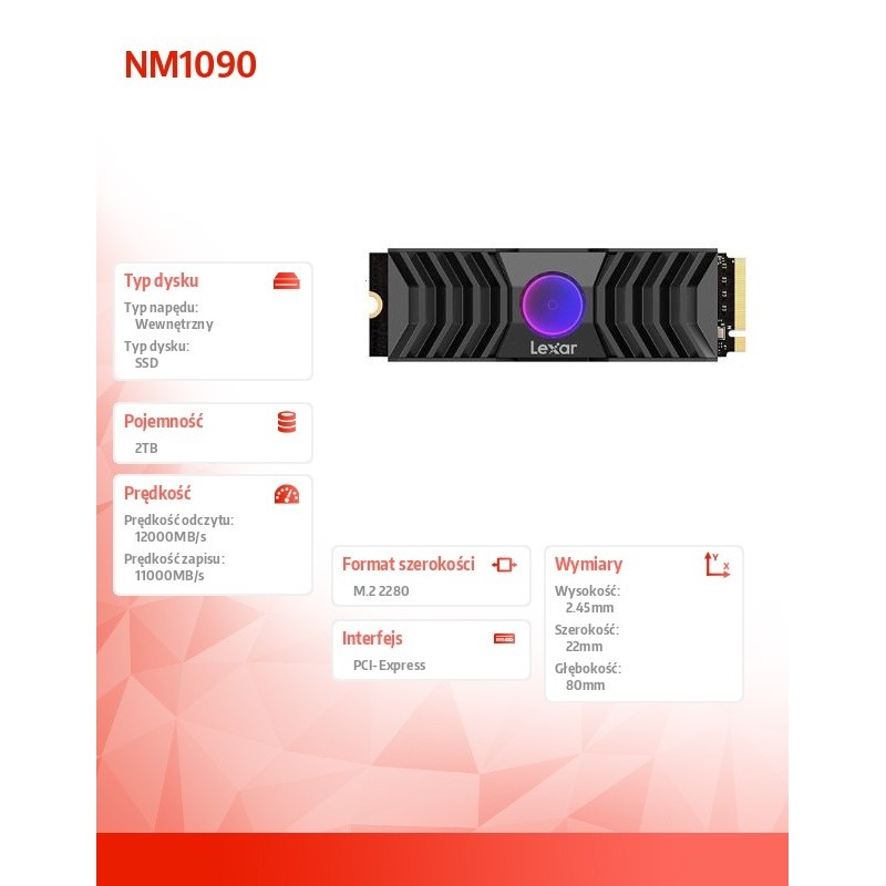 Lexar Dysk SSD NM1090 2TB Gen5 12000/11000 Radiator RGB | PartsPC.pl