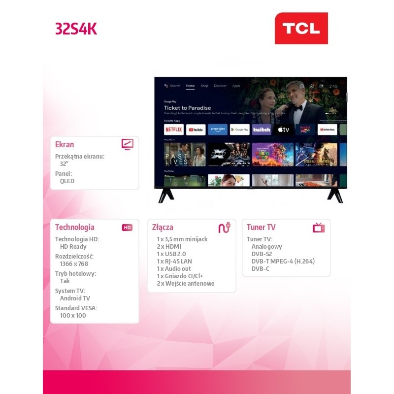 TCL Telewizor QLED 32 cale 32S4K | PartsPC.pl