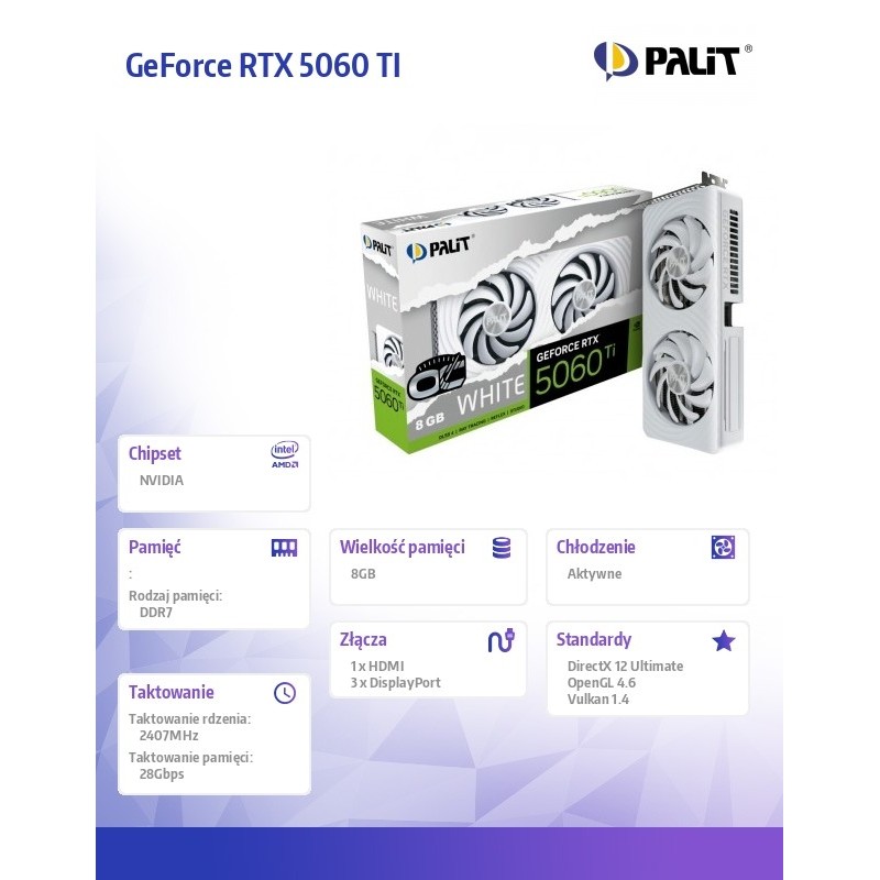 Palit Karta graficzna GeForce RTX 5060 TI WHITE OC 8GB GDDR7… | PartsPC.pl