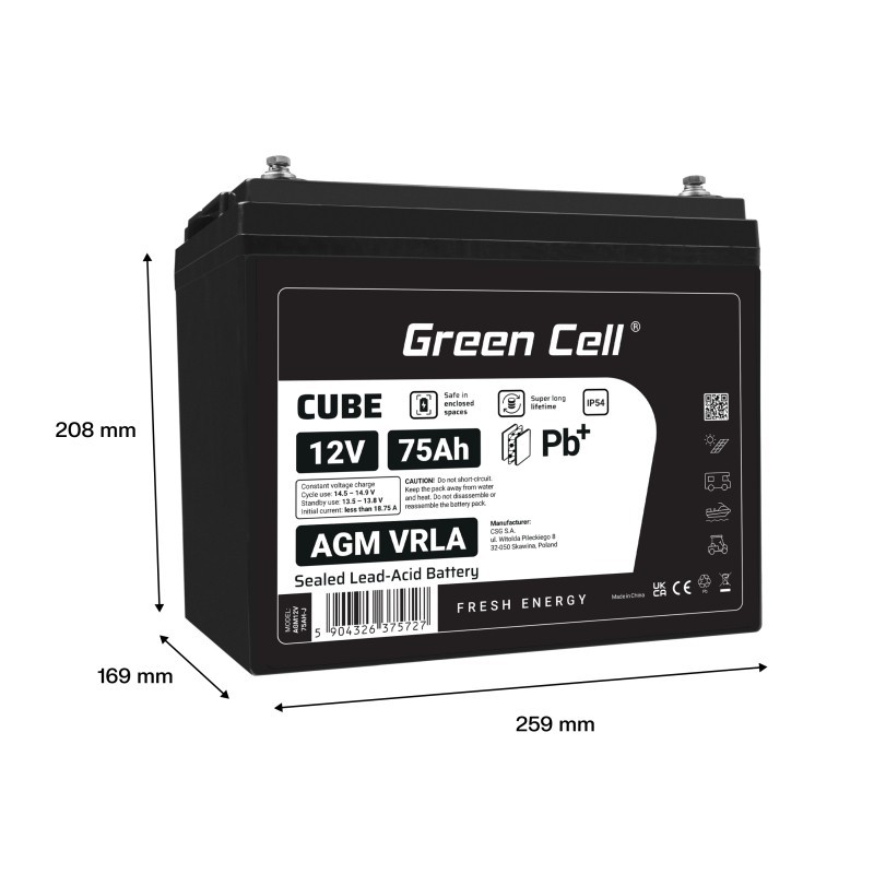 Akumulator AGM VRLA 12V 75Ah IP54 | PartsPC.pl