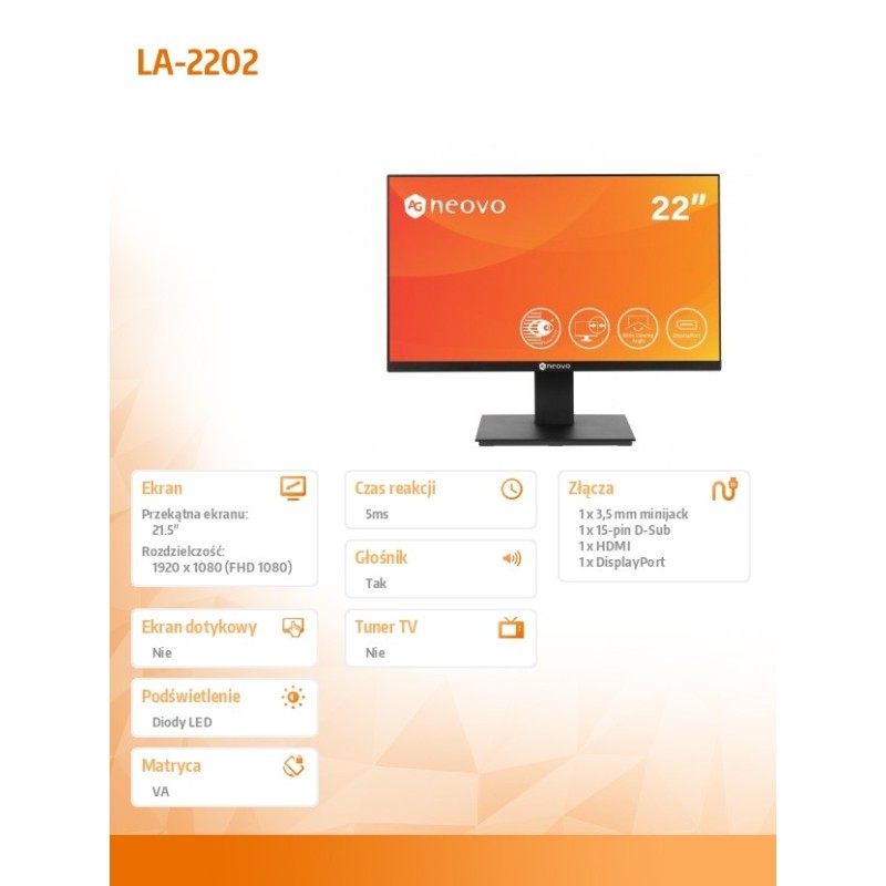 AG NEOVO Monitor 22 cale LA-2202 HDMI DP D-SUB | PartsPC.pl