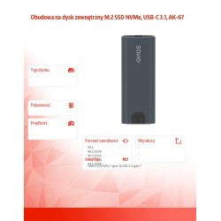 Obudowa na dysk M.2 SDD NVMe SAVIO AK-67, USB 3.1 Gen.2, 10 Gbps, szara