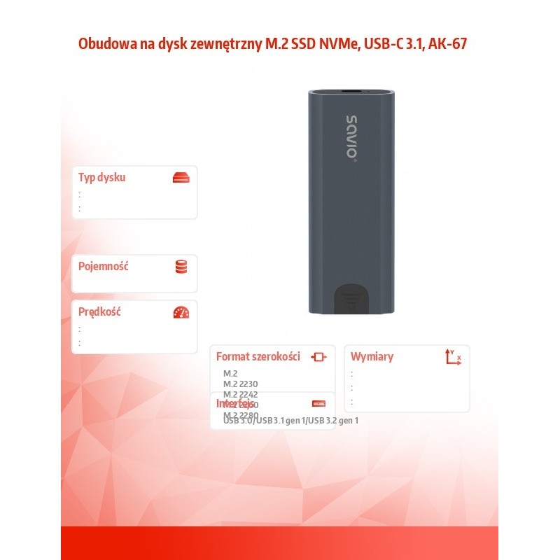 Obudowa na dysk M.2 SDD NVMe SAVIO AK-67, USB 3.1 Gen.2, 10 Gbps, szara