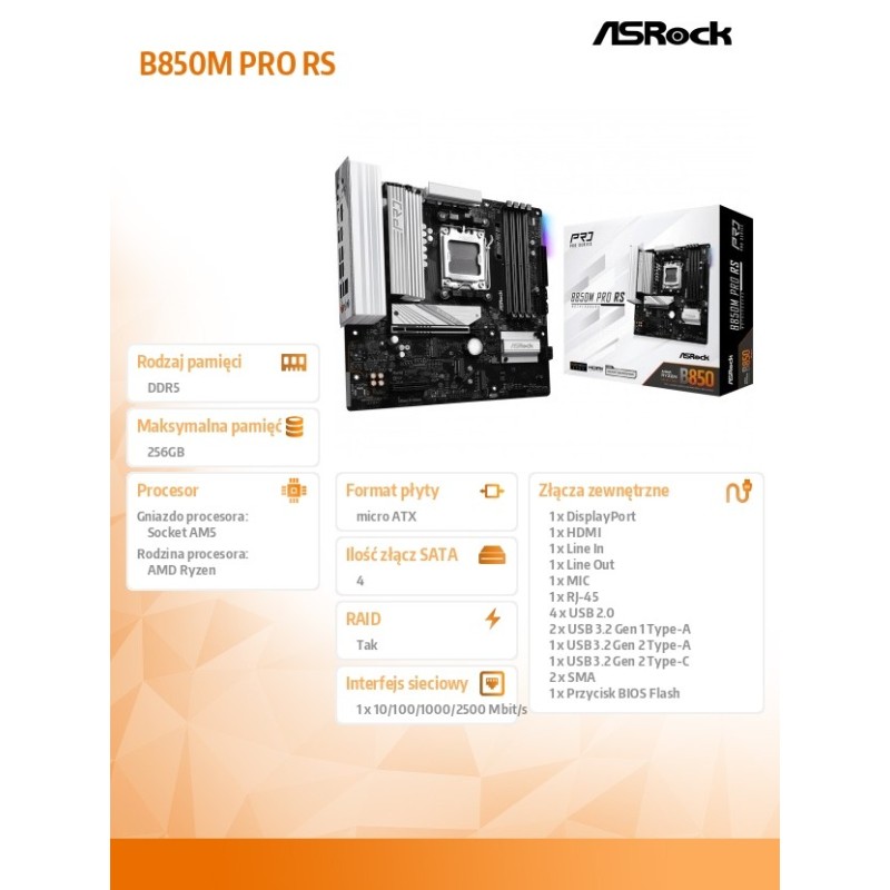ASRock Płyta główna B850M PRO RS AM5 4DDR5 mATX | PartsPC.pl