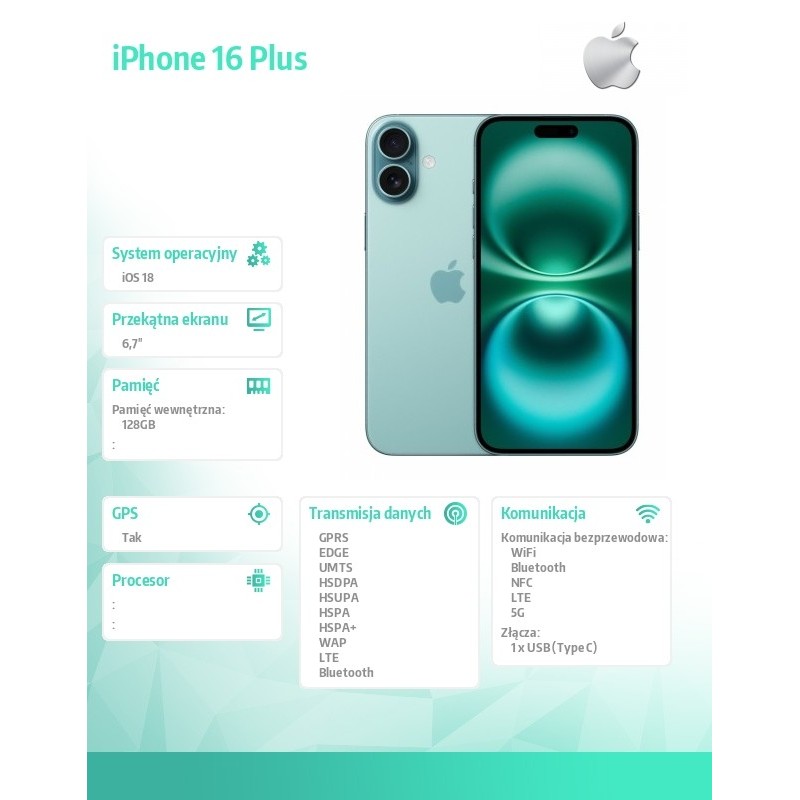 iPhone 16 Plus 128GB - Berylowa zieleń | PartsPC.pl