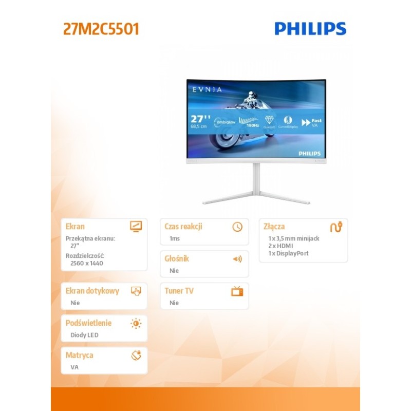 Monitor Philips 27" 27M2C5501/00 VA QHD 180Hz 2xHDMI DP | PartsPC.pl