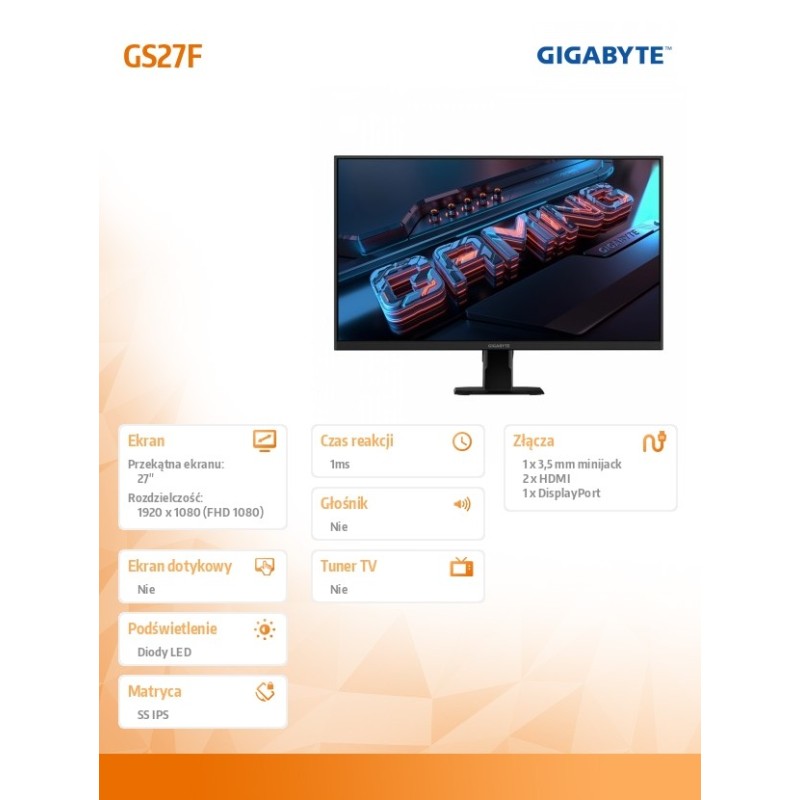 Monitor Gigabyte 27" GS27FA IPS FHD 180Hz 2xHDMI DP