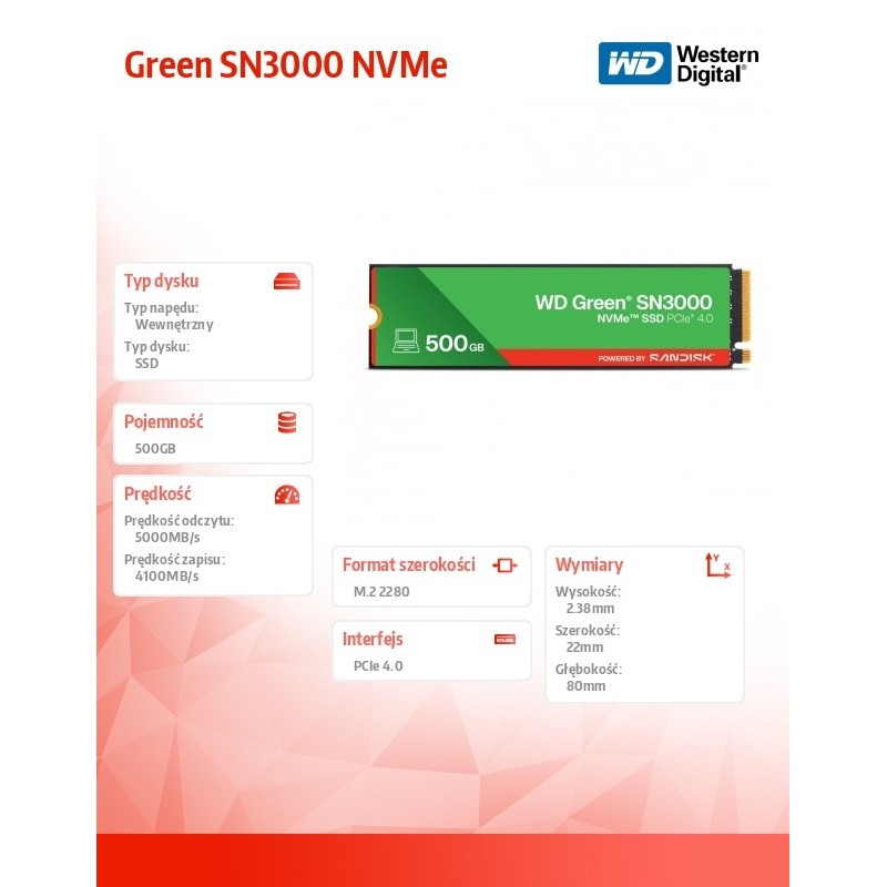 WD Green™ SN3000 NVMe™ SSD POWERED BY SANDISK 500 GB | PartsPC.pl