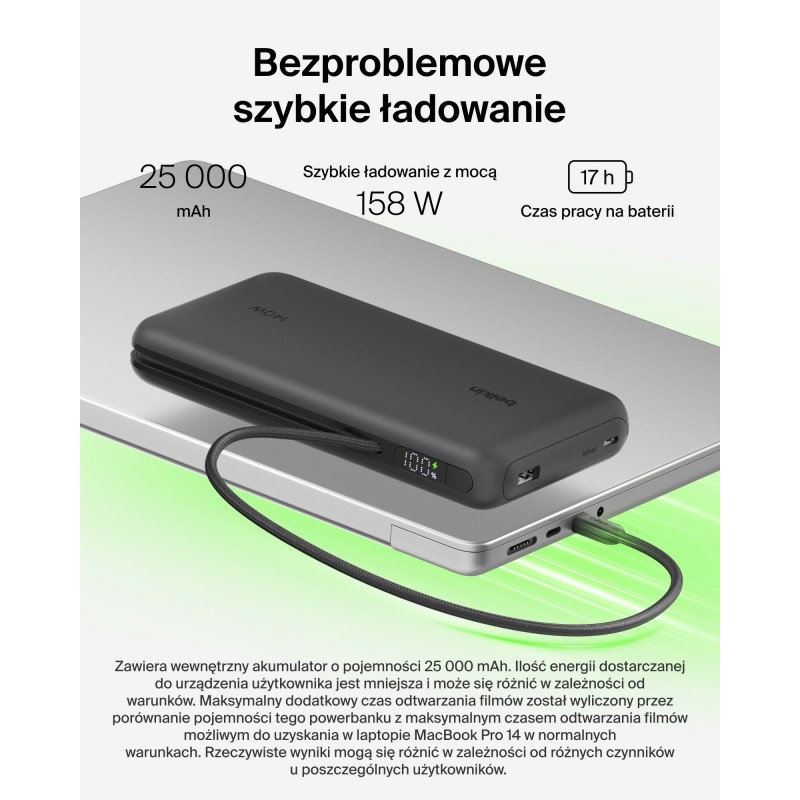 Belkin UltraCharge Pro Powerbank do laptopa, 25 000 mAh, 2x USB-C 140W, USB-A