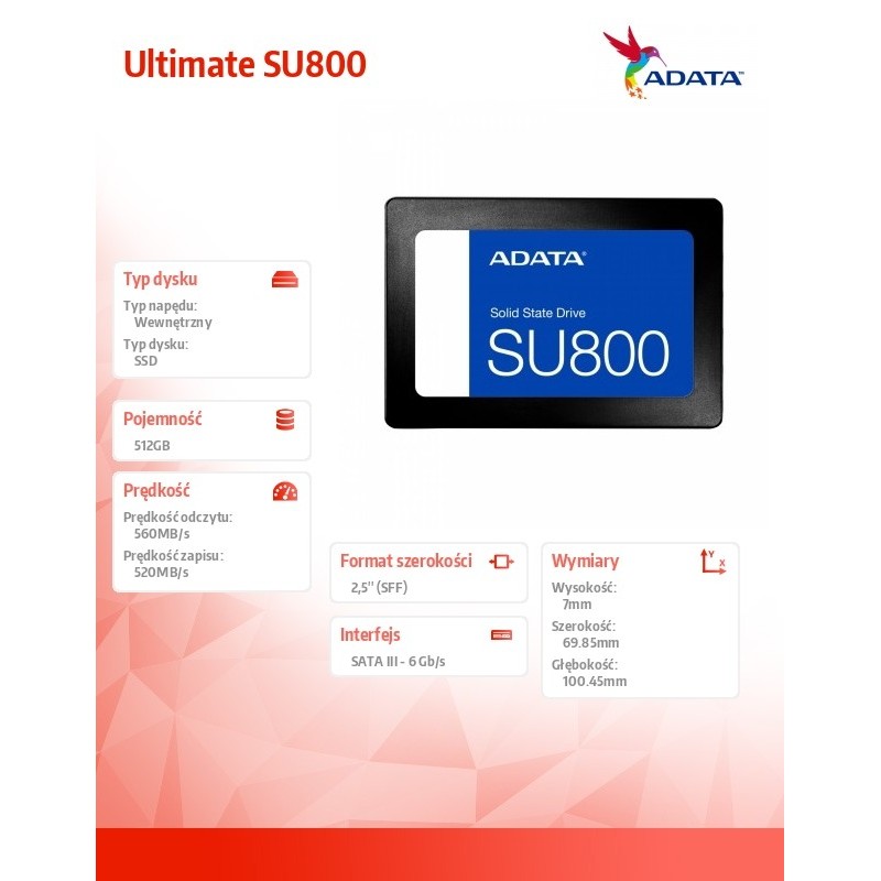 Adata Dysk SSD Ultimate SU800 512GB S3 560/520 MB/s TLC 3D… | PartsPC.pl