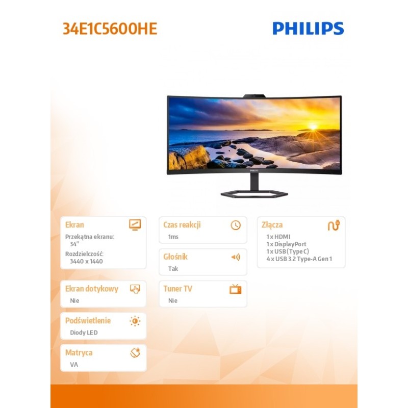 Monitor Philips 34" 34E1C5600HE/00 HDMI DP 4xUSB 3.2 1xUSB-C głośniki 5Wx2