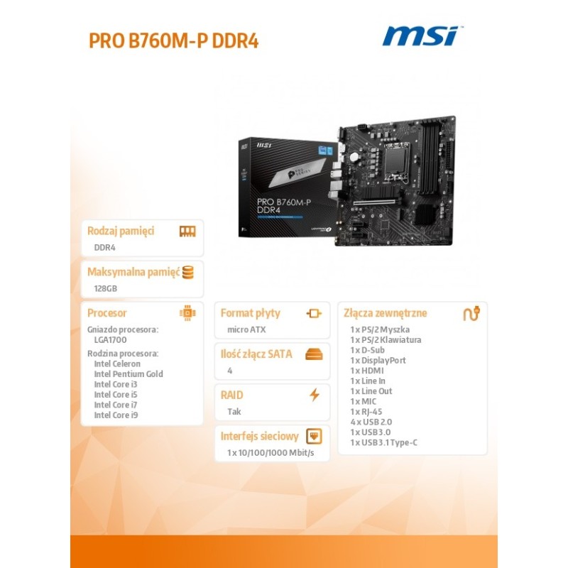 Płyta MSI PRO B760M-P DDR4 /B760/DDR4/SATA3/M.2/USB3.1/PCIe4… | PartsPC.pl
