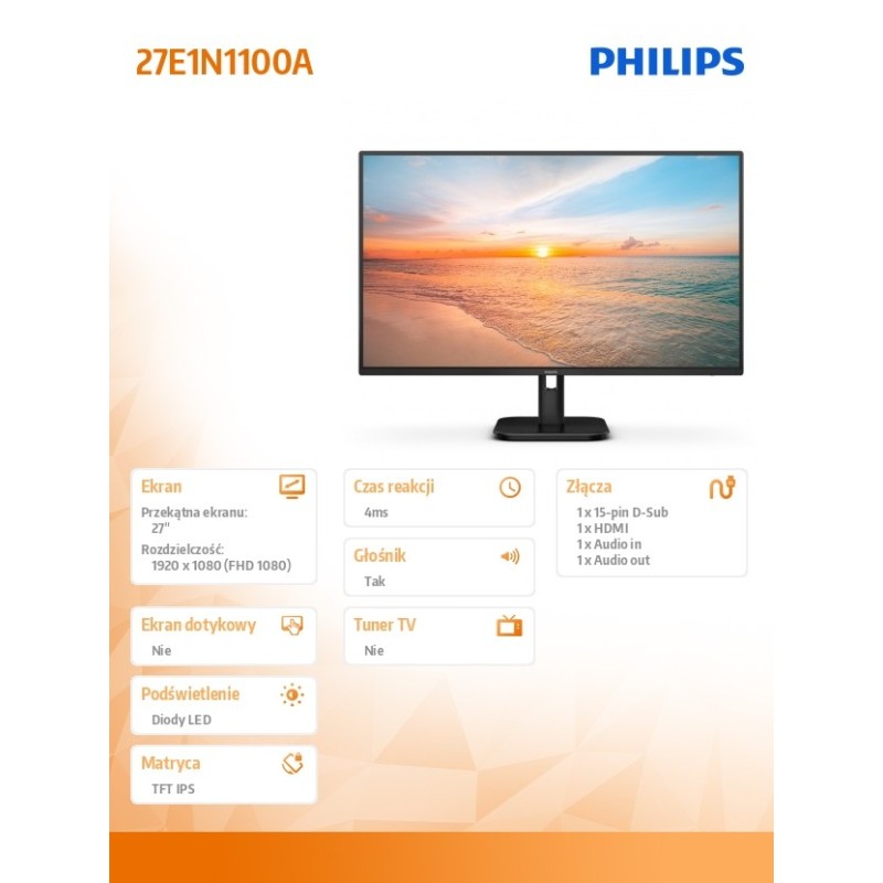 Monitor Philips 27" 27E1N1100A/00 HDMI VGA głośniki 2x2W | PartsPC.pl