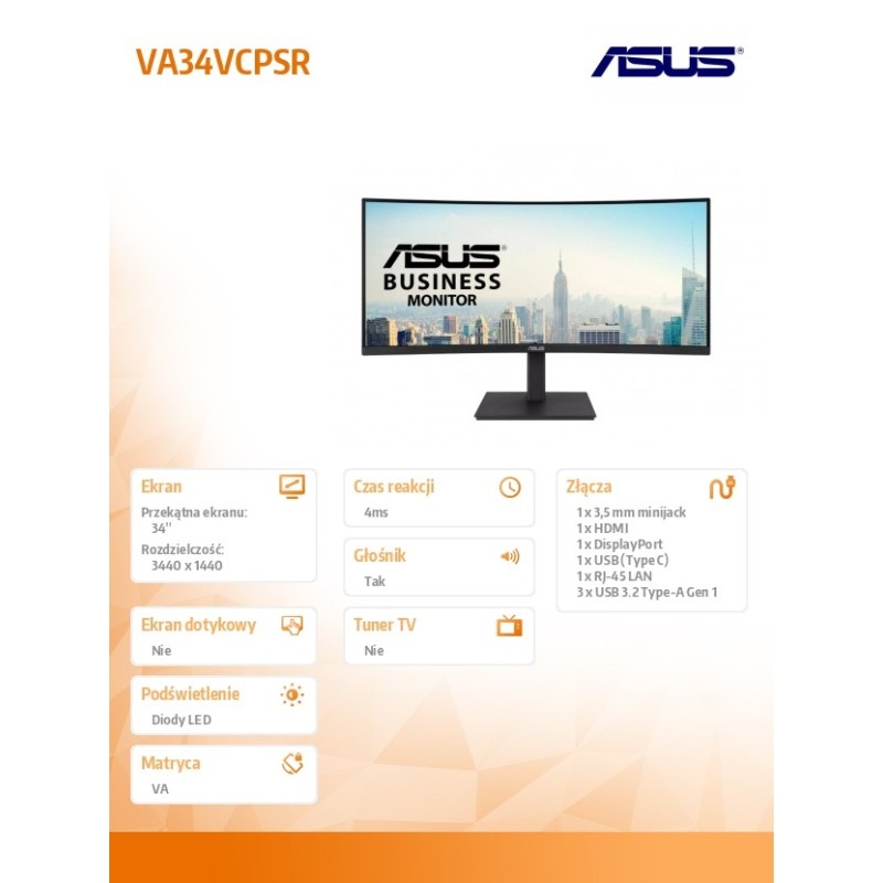 Monitor Asus 34" VA34VCPSR VA UWQHD 100Hz HDMI DP HUB RJ45 g… | PartsPC.pl