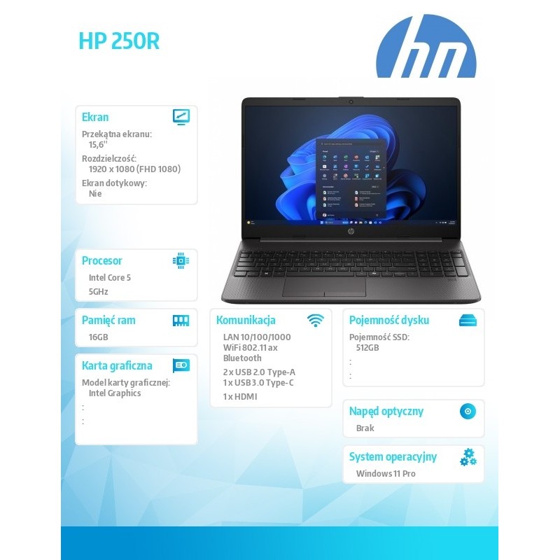 Notebook HP 250R G9 15,6"FHD/Core 5 120U/16GB/SSD512GB/Intel… | PartsPC.pl