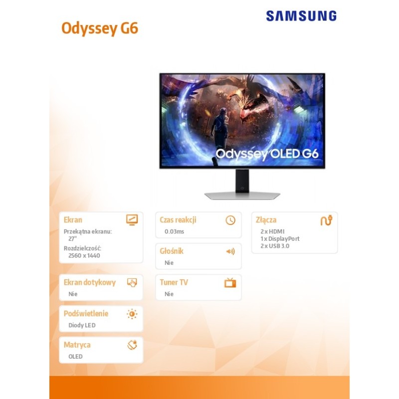 Monitor Samsung 27" Odyssey G60SD (LS27DG600SUXEN) OLED QHD 360Hz 2xHDMI DP