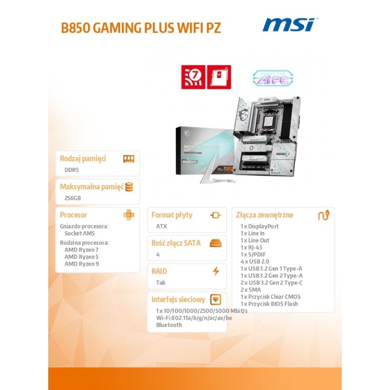 Płyta MSI B850 GAMING PLUS WIFI PZ /AMD | PartsPC.pl