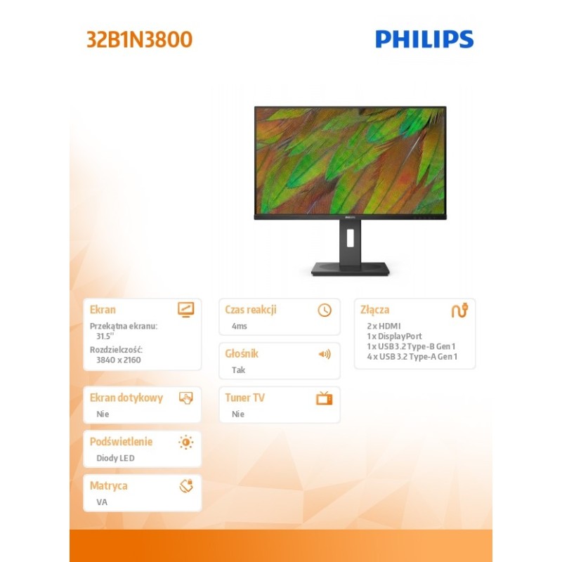 Monitor Philips 31,5" 32B1N3800/00 VA 4K UHD 60Hz HDMI DP 5x… | PartsPC.pl
