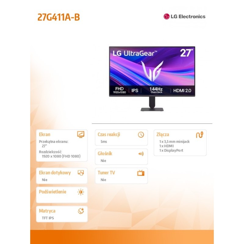 LG Electronics Monitor 27G411A-B 27 cali FHD UltraGear | PartsPC.pl