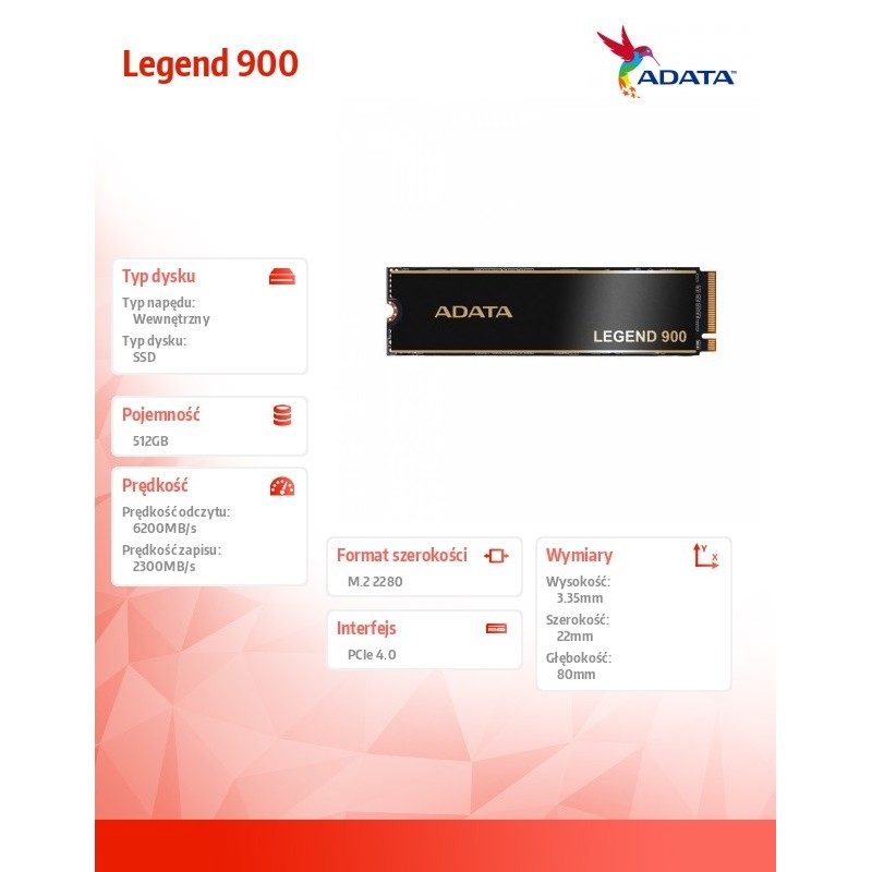 Adata Dysk SSD Legend 900 512GB PCIe 4x4 6.2/2.3 GB/s M2 | PartsPC.pl