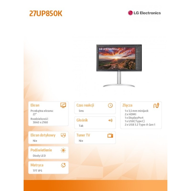 Monitor LG 27" 27UP850K-W IPS 4K UHD 60Hz 2xHDMI DP HUB głoś… | PartsPC.pl