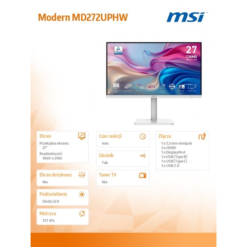 MSI Monitor 27 cali Modern MD272UPHW LED/UHD/Flat/60Hz/biały… | PartsPC.pl
