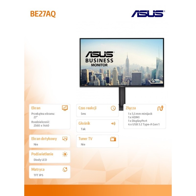 Asus Monitor 27 cali BE27AQ BU IPS QHD HDMI USB DP | PartsPC.pl