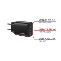 Ładowarka ścienna Verbatim Essentials GaN 65W USB-A 2xUSB-C … | PartsPC.pl