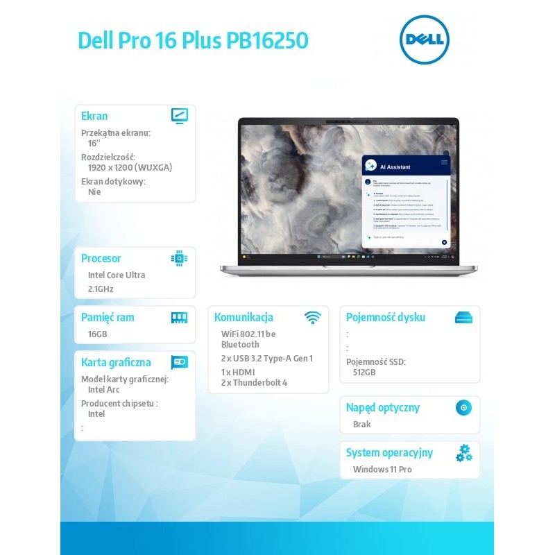 Laptop Dell Pro 16 Plus PB16250 W11P Ultra 5 236V/16GB/512GB… | PartsPC.pl